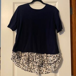 LOFT navy mixed media cross back short sleeve layered sweater